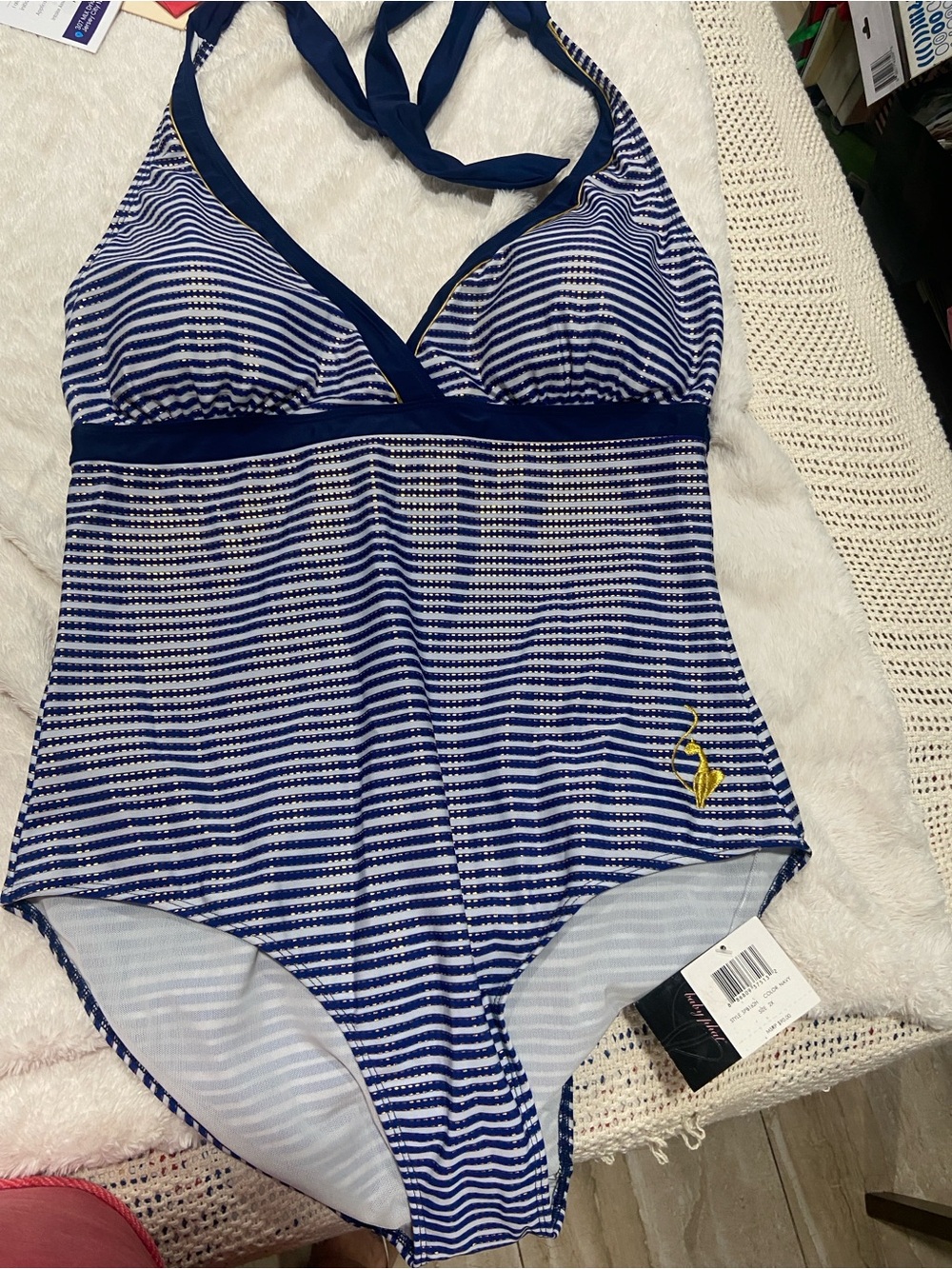 Baby Phat Blue and White Striped Halter One-Piece Swimsuit